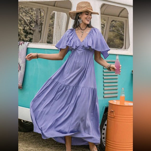 #133 Ruffled Lavender Maxi Dress elastic waist 100% Viscose - Picture 4 of 5